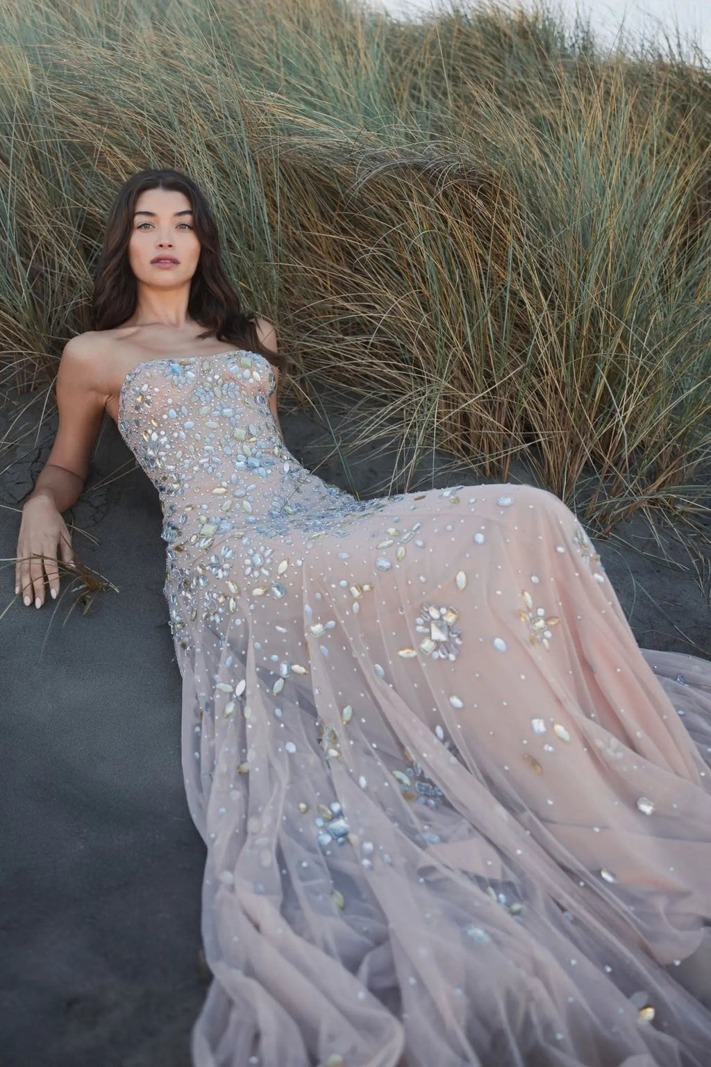 Pink Strapless Sweetheart Embellished Net Gown
