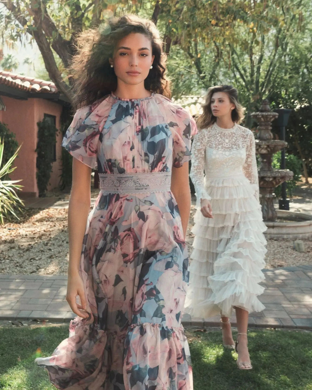 Multicolor Floral Chiffon High Neck Flutter Sleeve Dress