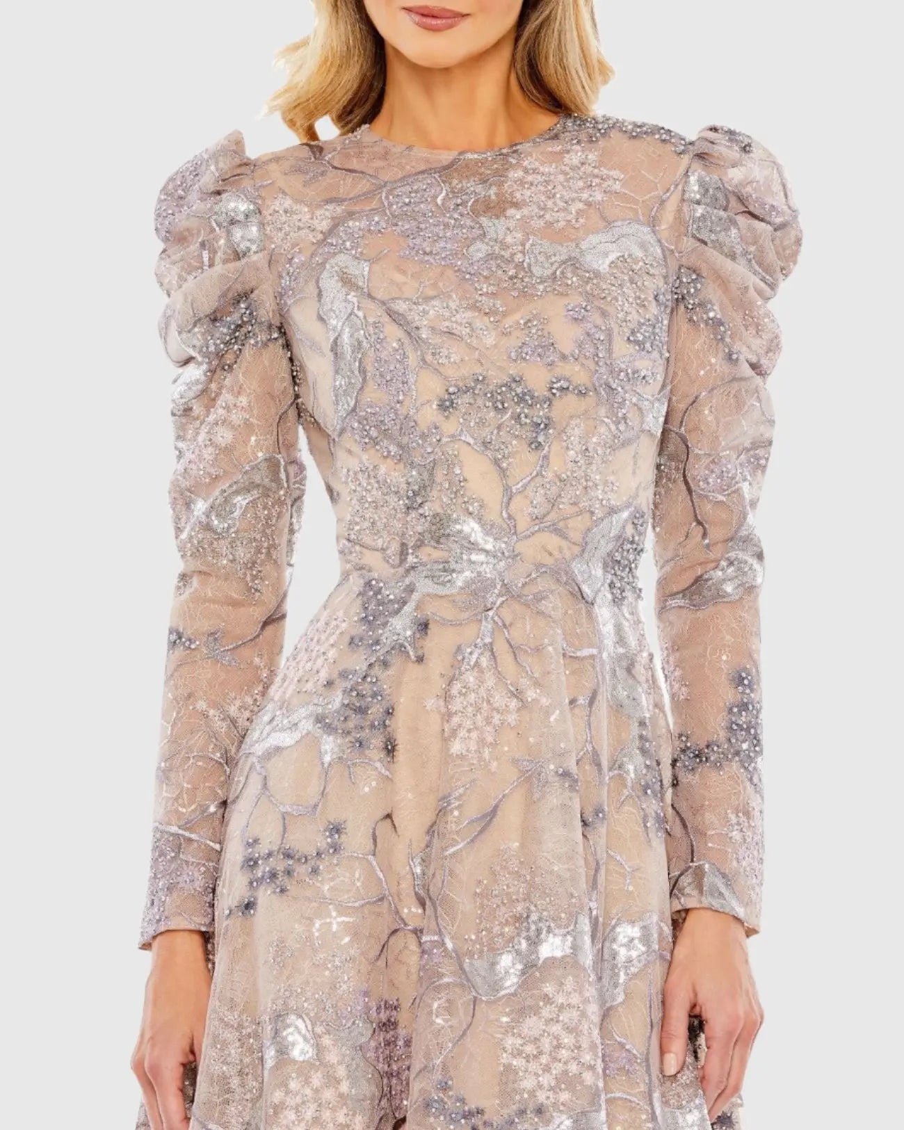 Beige Embellished High Neck Puff Sleeve A-Line Dress