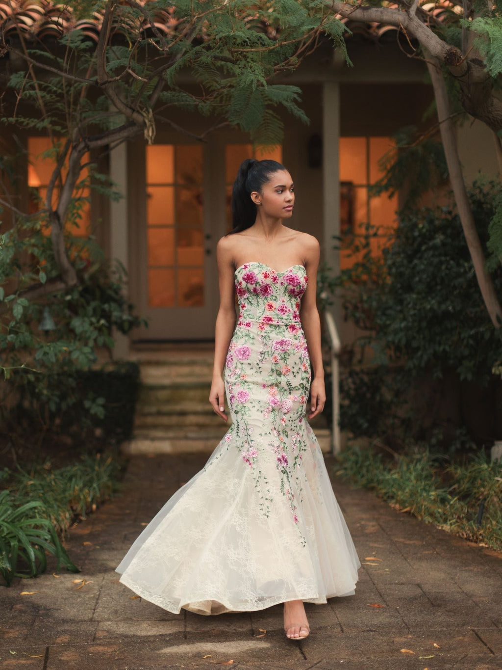 Beige Strapless Bustier Floral Embroidered Mermaid Gown