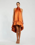 High Neck Satin Mini Dress With Keyhole