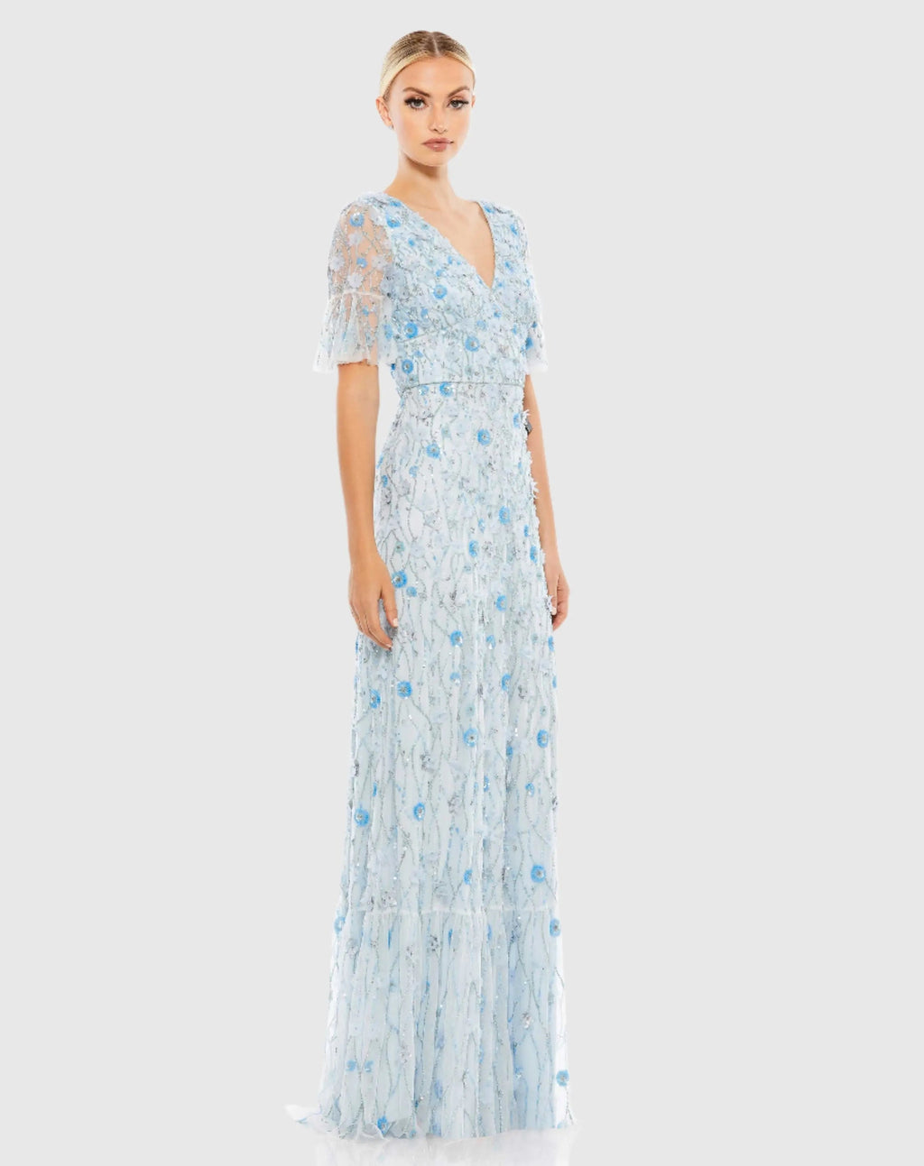 Blue Embellished V-Neck Empire Waist Ruffle Hem Gown