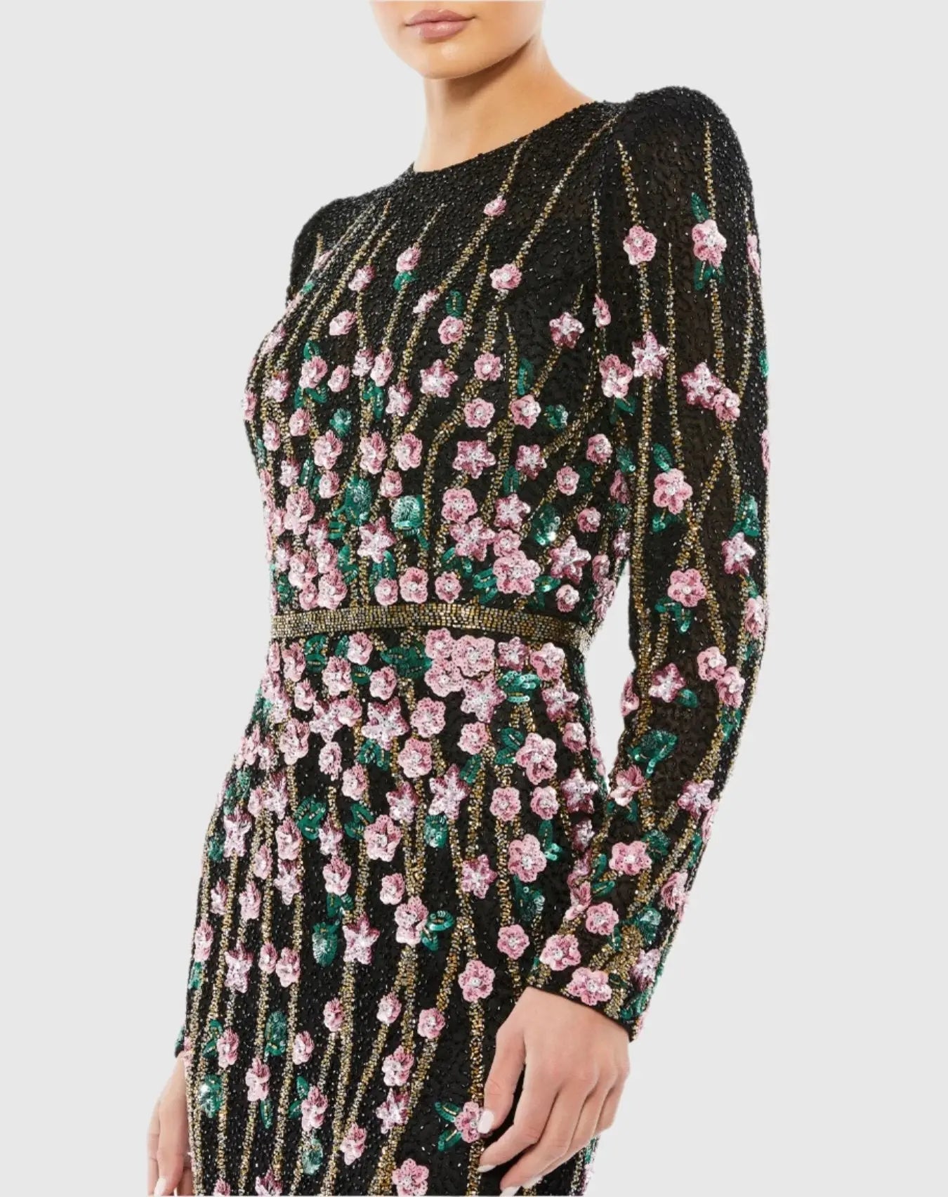 Black Embellished High Neck Long Sleeve Gown