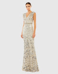 Embellished V Neck Cap Sleeve Sequin Gown