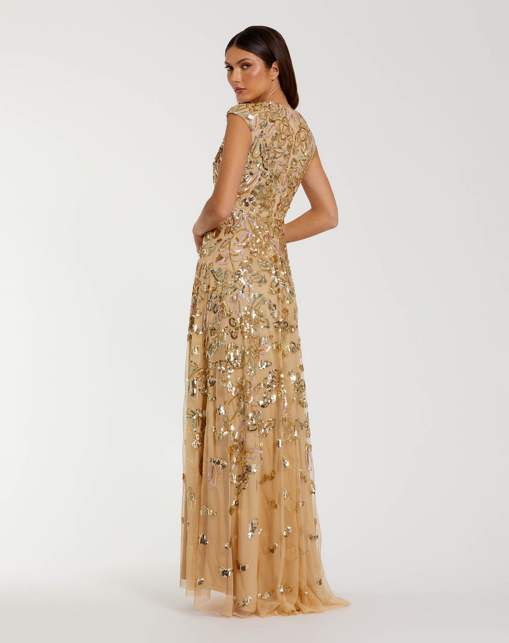 Gold Sequin High Neck Cap Sleeve A Line Gown