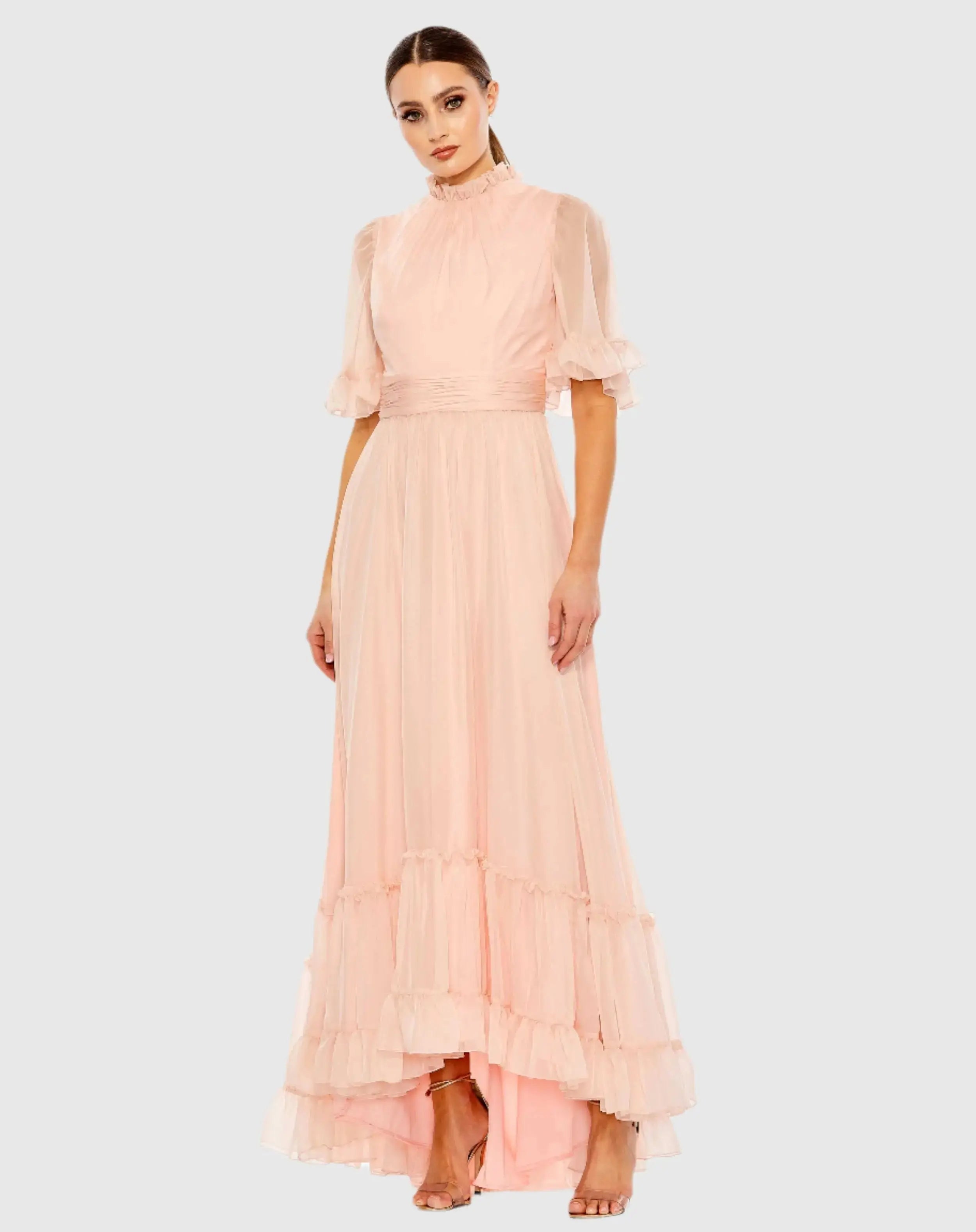 Pink Ruffled Mock Neck Flutter Sleeve High Low Hem Gown