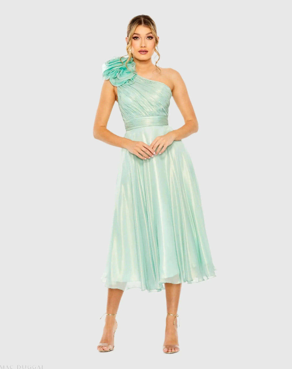 Green Rosette One Shoulder Tea Length Dress - FINAL SALE