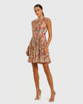 Multicolor Micro Ruffle High Neck A-Line Mini Dress