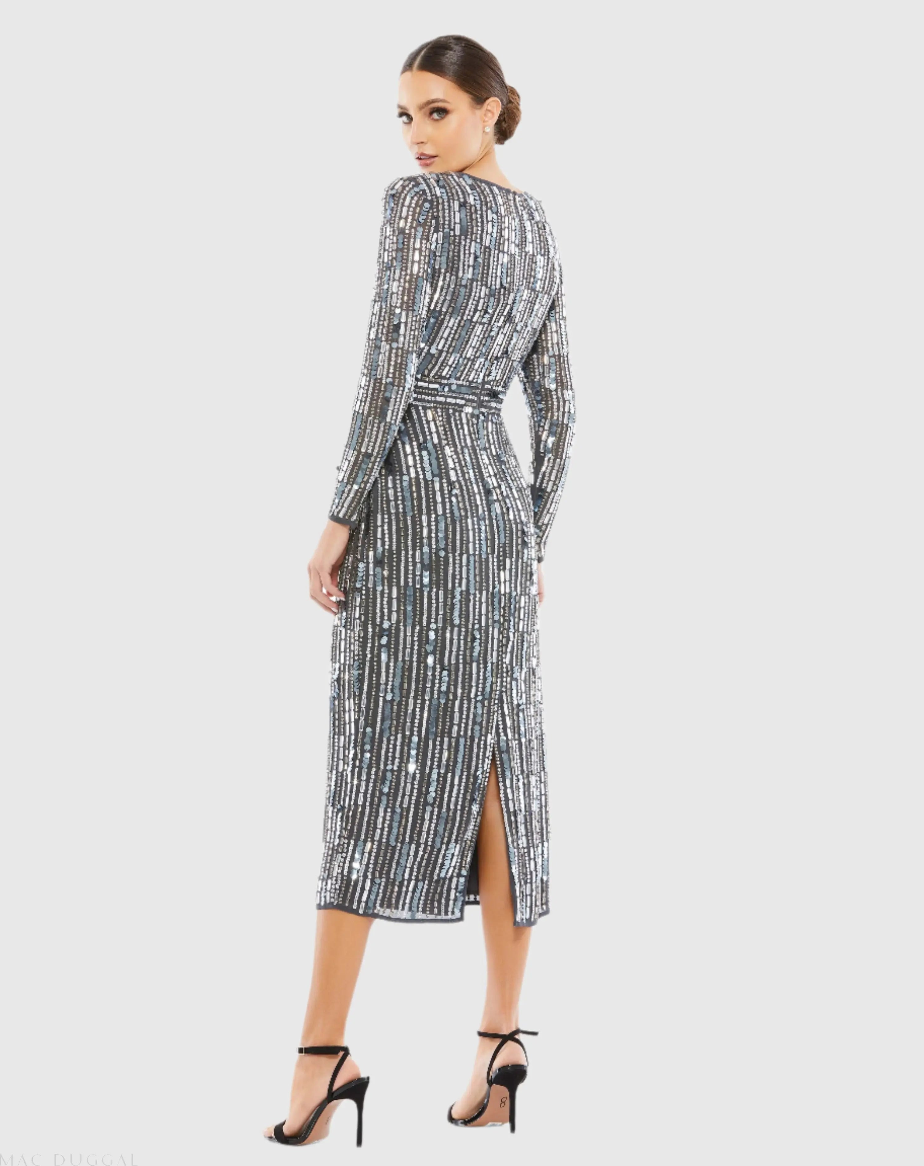 Gray Embellished High Neck Long Sleeve Fitted Dress