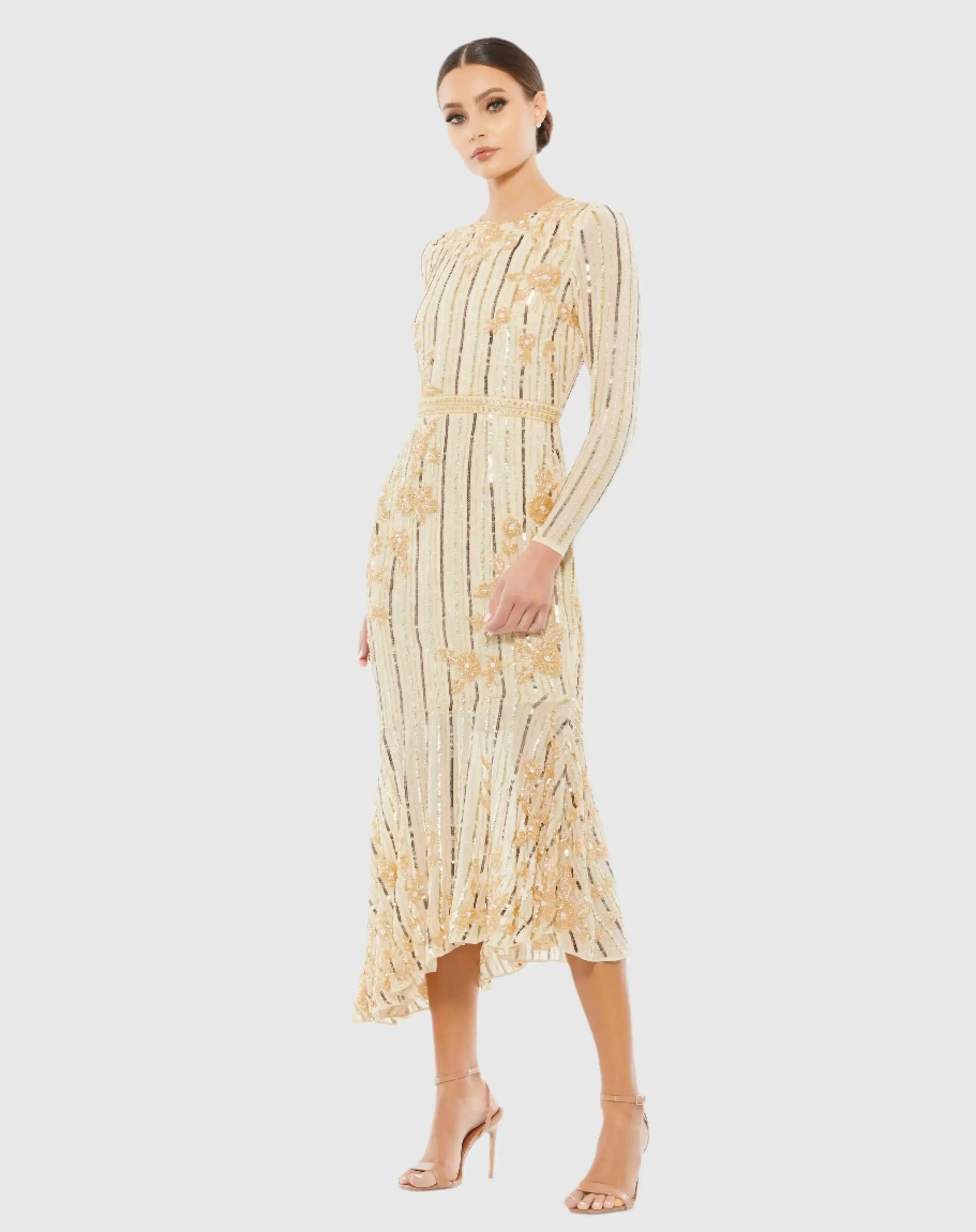 Gold Long Sleeve Embellished Tea Length Dress