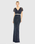 Navy Beaded Short Sleeve Column Gown
