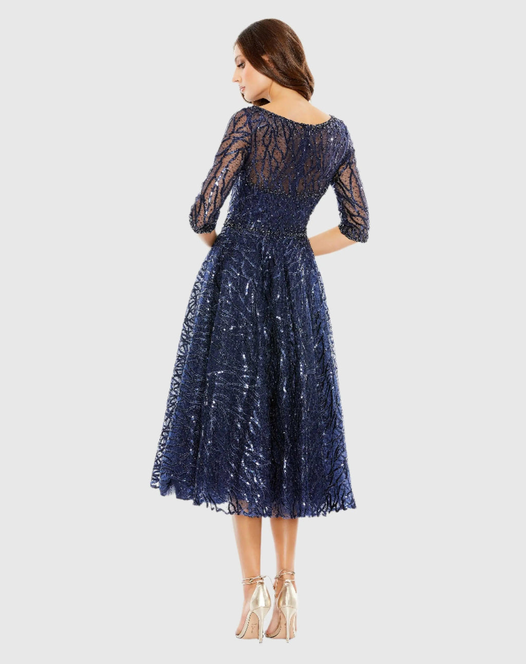 Navy Embellished 3/4 Sleeve A Line Dress