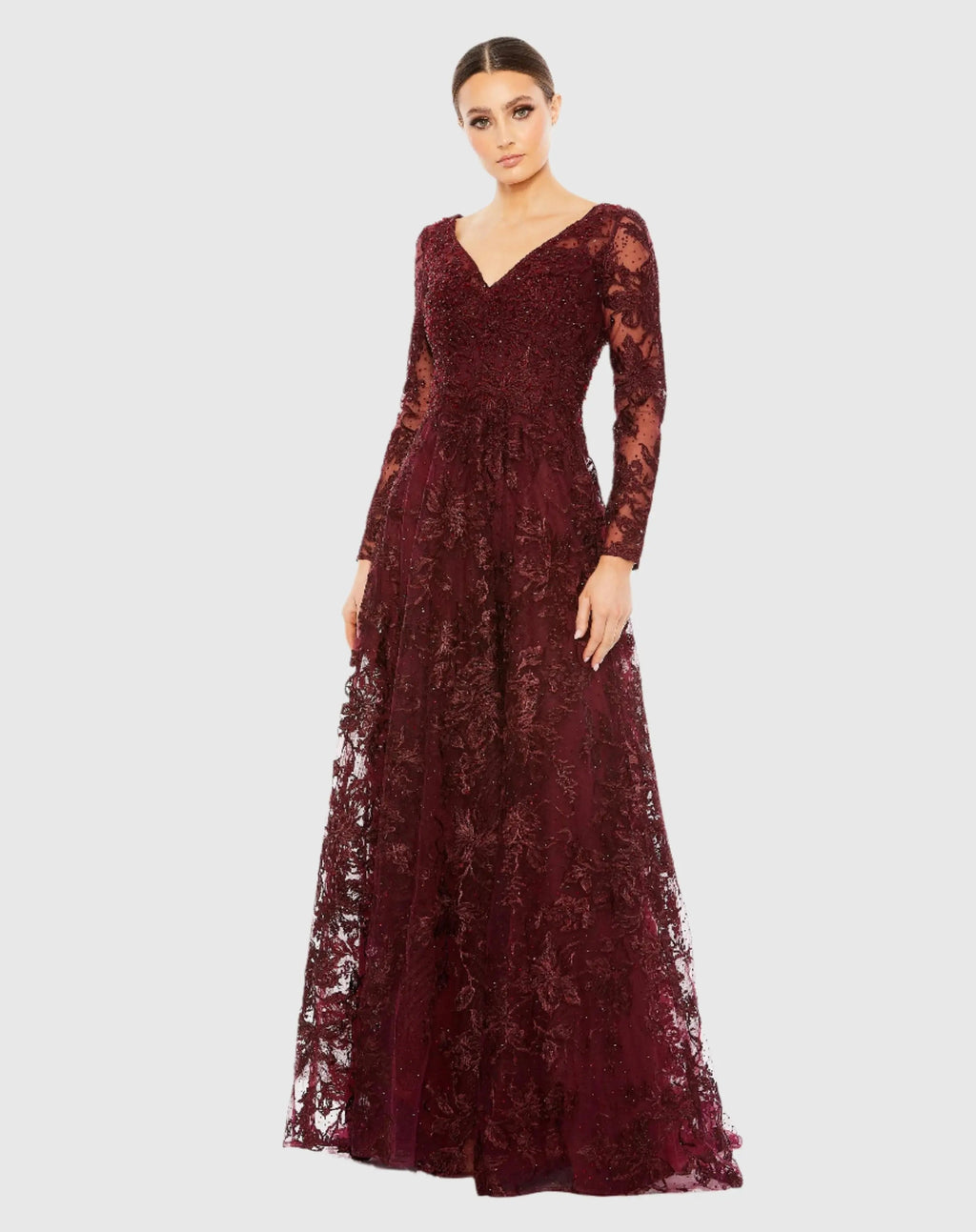 Red Embroidered Illusion Long Sleeve V Neck Gown