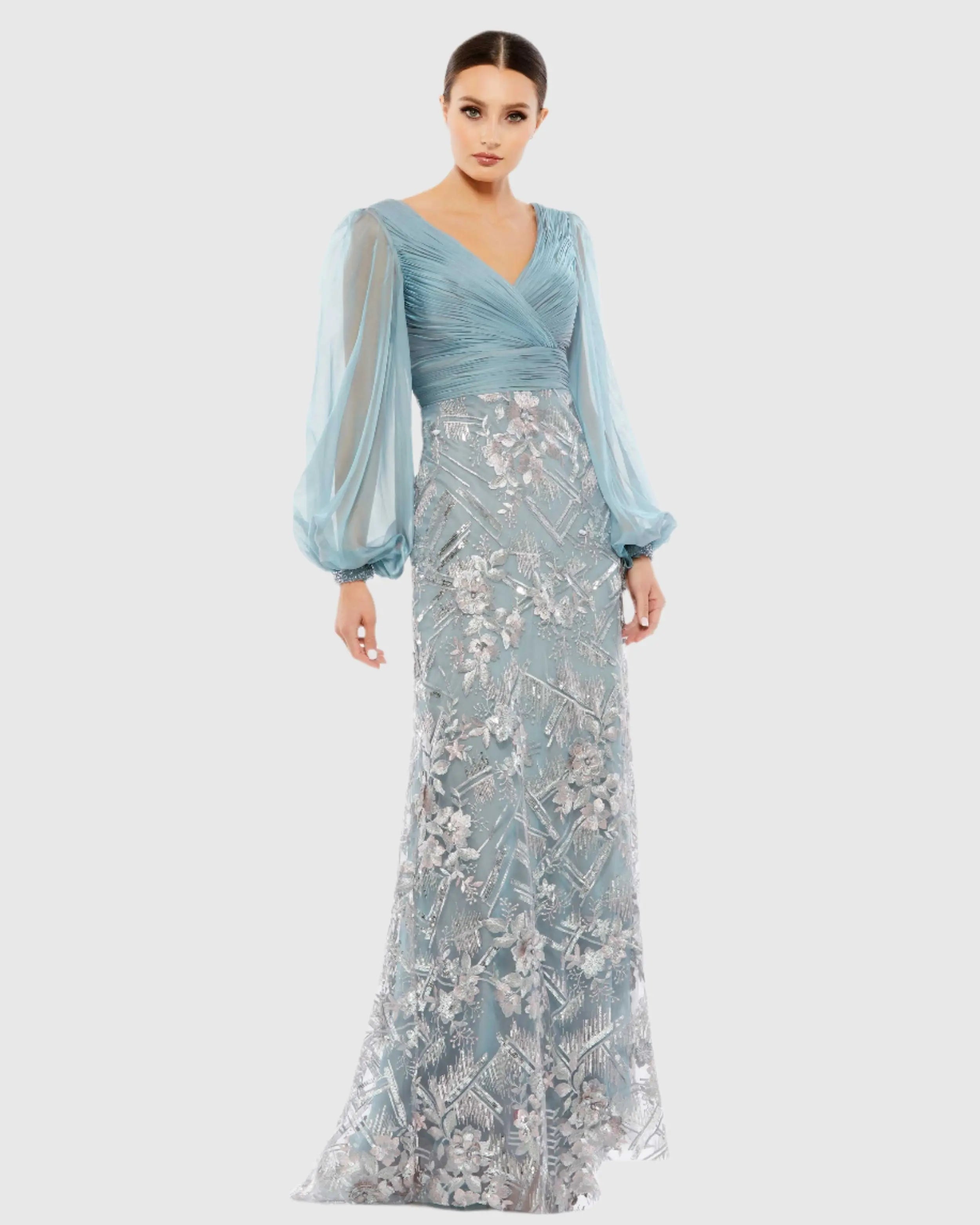 Blue Illusion Puff Sleeve Pleated Bodice Embellished Gown