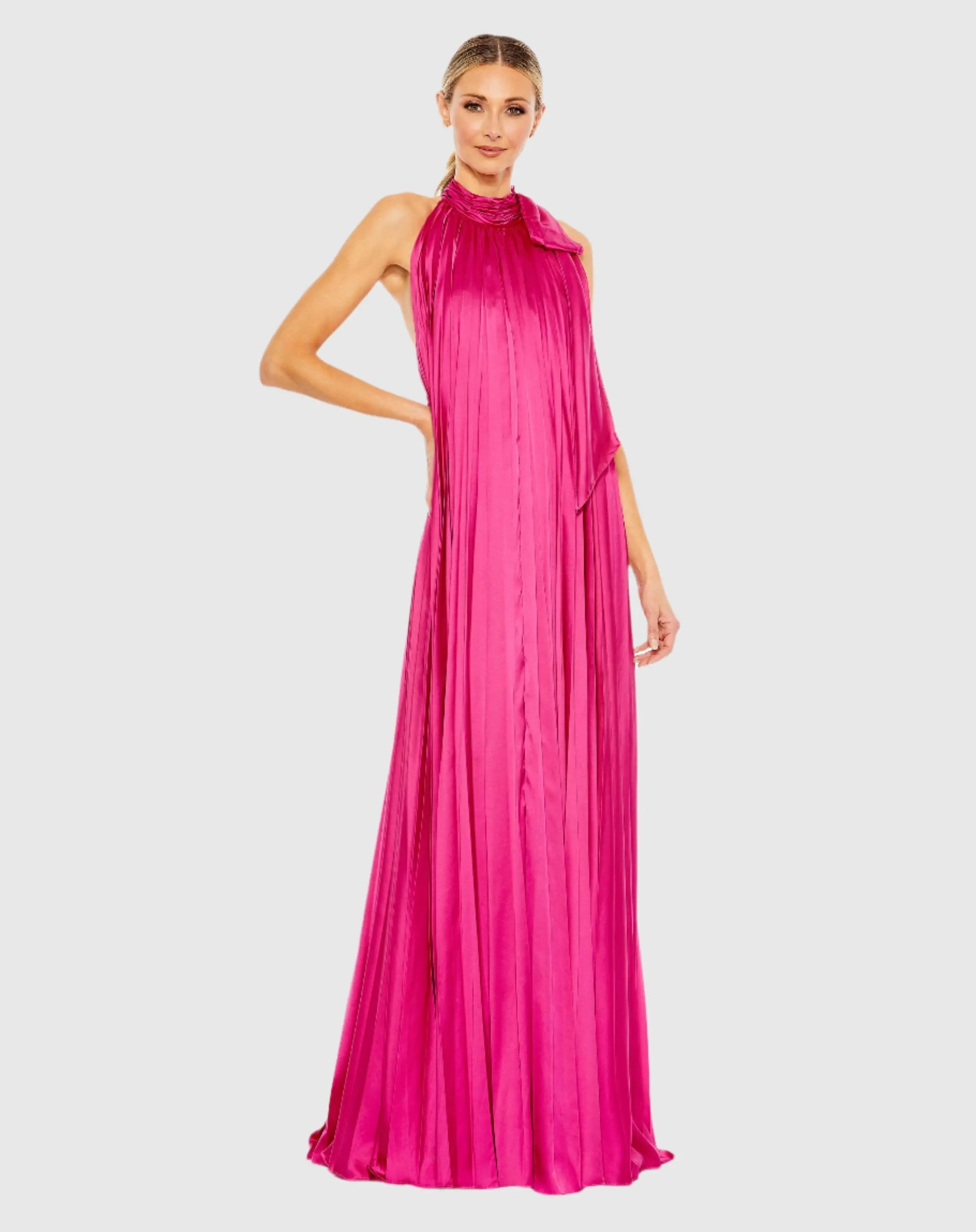 Pink Pleated Halter Neck Trapeze Gown